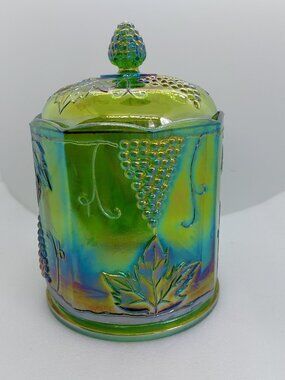 Vintage Indiana 8" Glass Harvest Grape Iridescent Carnival Glass Canister